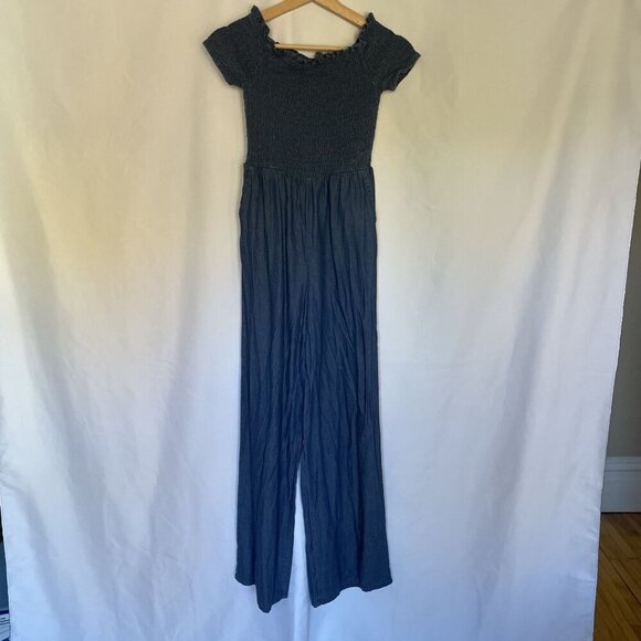 Blue Rain ruched jumpsuit women's size XS cotton denim material off the shoulder - Picture 1 of 8